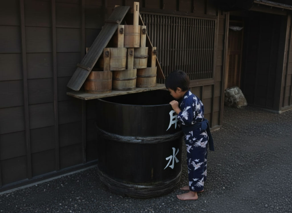 天水桶に落ちた子供