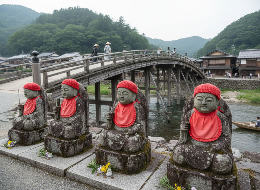 橋のたもとに並ぶ地蔵尊