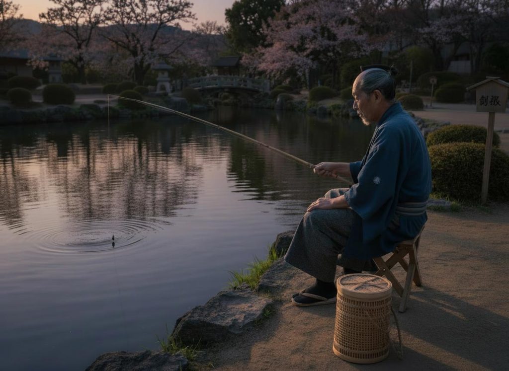 夕暮れに魚を釣る男