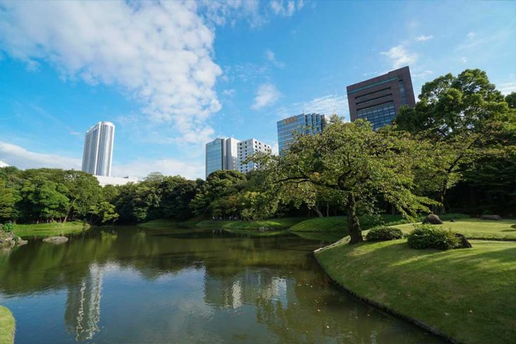 小石川後楽園内から見る高層ビル群