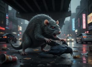 カラスを襲う巨大ネズミ