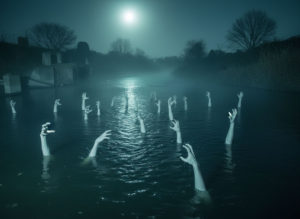 水面から伸びる白い腕