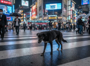 夜の渋谷のスクランブル交差点を歩く黒い犬