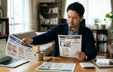 不動産資料を見比べている男性
