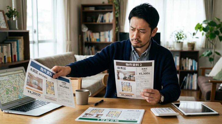 不動産資料を見比べている男性